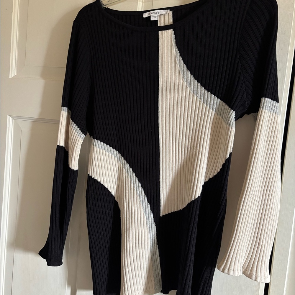 Chico's Elegant Black and Cream Ribbed Sweater